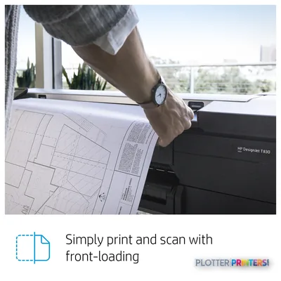 HP DesignJet T830 24-in printer with architectural blueprint output being handled by user