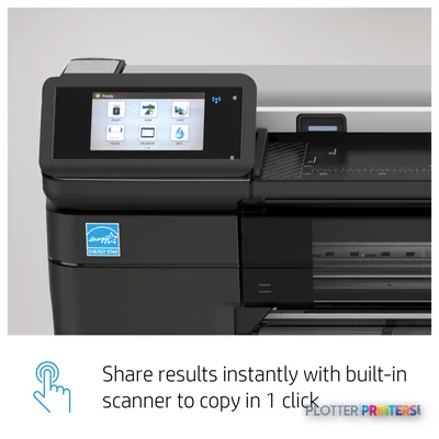 HP DesignJet T830 24-in multifunction printer with touchscreen display showing menu icons and integrated scanner