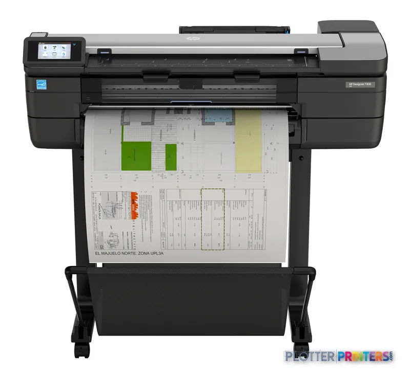 HP DesignJet T830 24-in Multifunction Printer front view with architectural drawing output