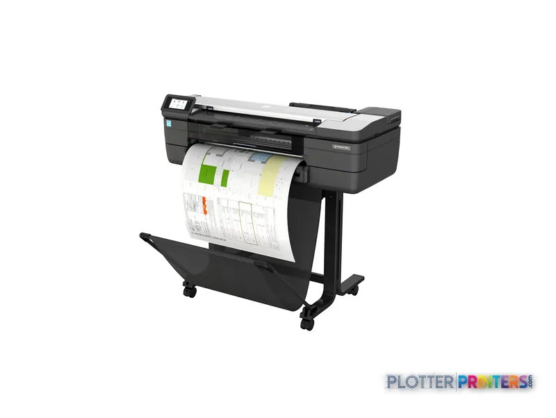 HP DesignJet T830 24-in Multifunction Printer front-left view with colored output sample
