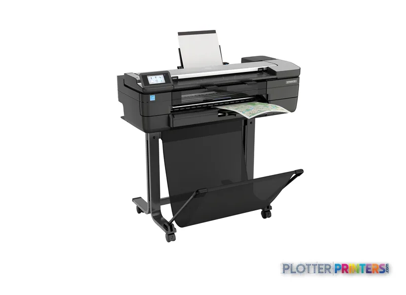 HP DesignJet T830 24-in Multifunction Printer front-right view showing the printer on a mobile stand with output tray
