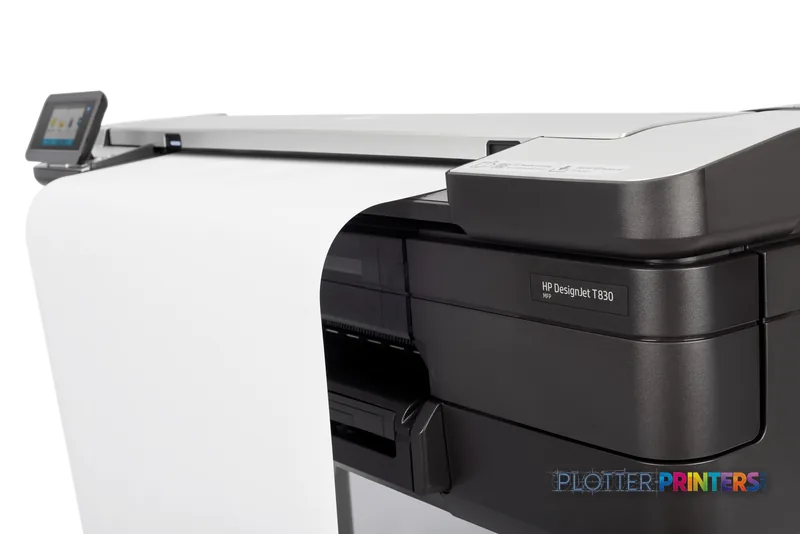 HP DesignJet T830 24-in multifunction printer product image showing the printer's right side with control panel and paper fe…