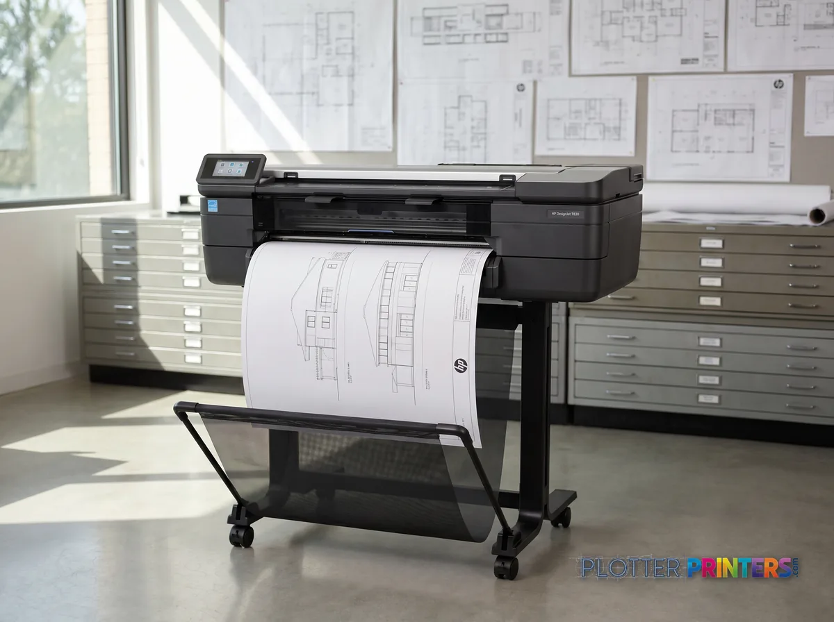 HP DesignJet T830 24-in Multifunction Printer in a plan room beside flat-file drawers, printing a CAD elevation (staged scene from manufacturer product photography)