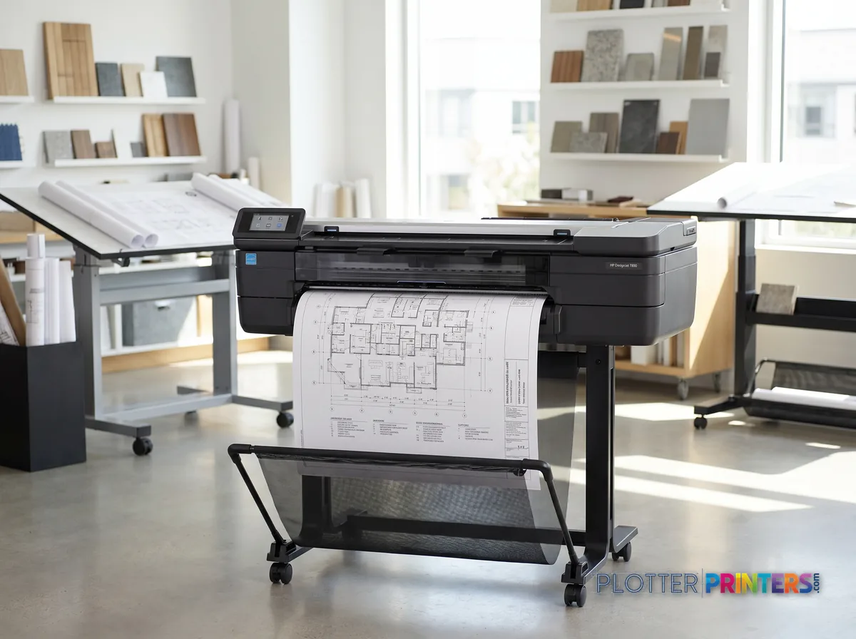 HP DesignJet T830 24-in Multifunction Printer in a bright architecture studio, printing a large floor plan (staged scene from manufacturer product photography)