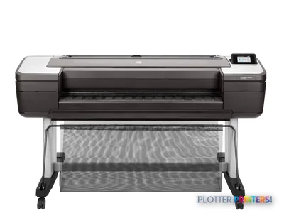 HP DesignJet T1700 44-in PostScript Printer front-center view showing the wide-format printer with dark gray body and touchs…