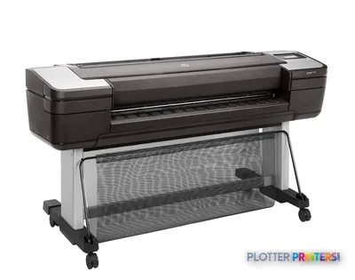 HP DesignJet T1700 44-in PostScript Printer front-right view showing the black printer unit on a white stand with casters