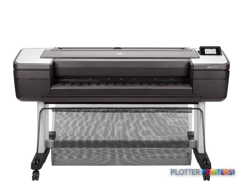 HP DesignJet T1700 44-in PostScript Printer front-center view showing the wide-format printer with dark gray body and touchs…