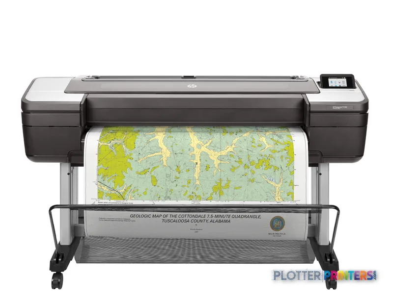 HP DesignJet T1700 44-in PostScript Printer front-center view with a geological map printing