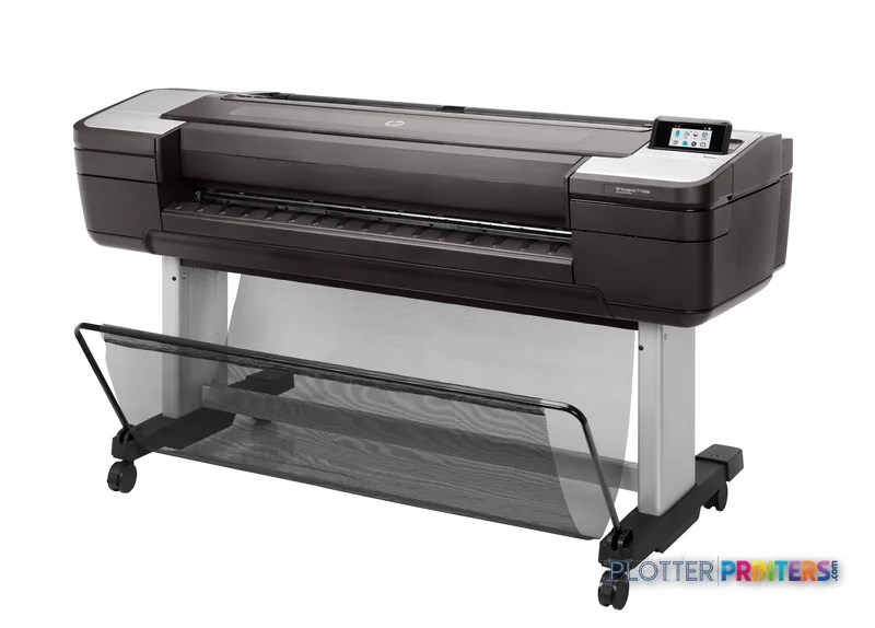 HP DesignJet T1700 44-in PostScript Printer front-left view showing dark printer body on white stand with touchscreen