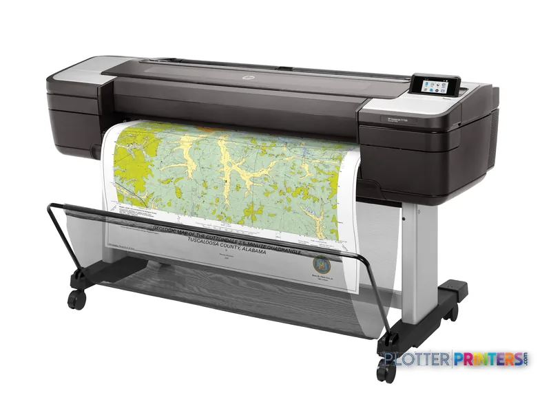 HP DesignJet T1700 44-in PostScript Printer front-left view with map output