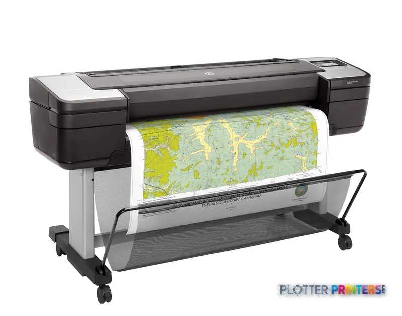 HP DesignJet T1700 44-in PostScript Printer front-right view with colorful map print output