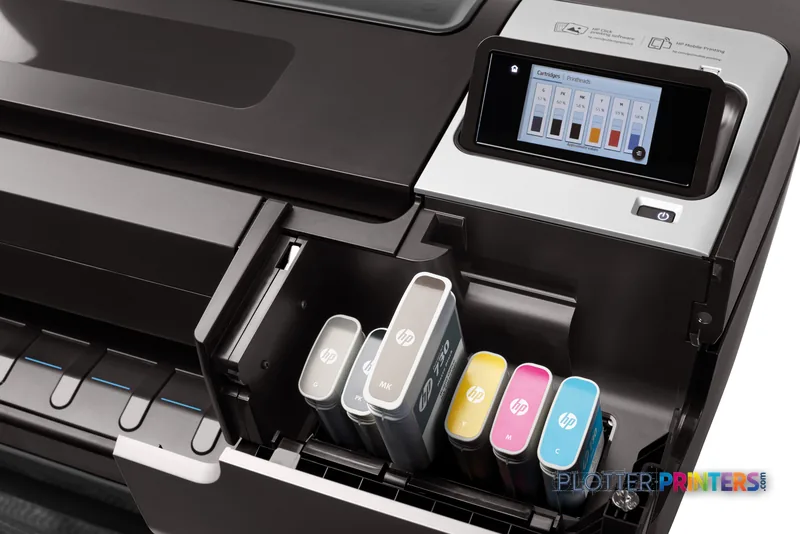 HP DesignJet T1700 44-in PostScript Printer showing ink cartridges and touchscreen control panel