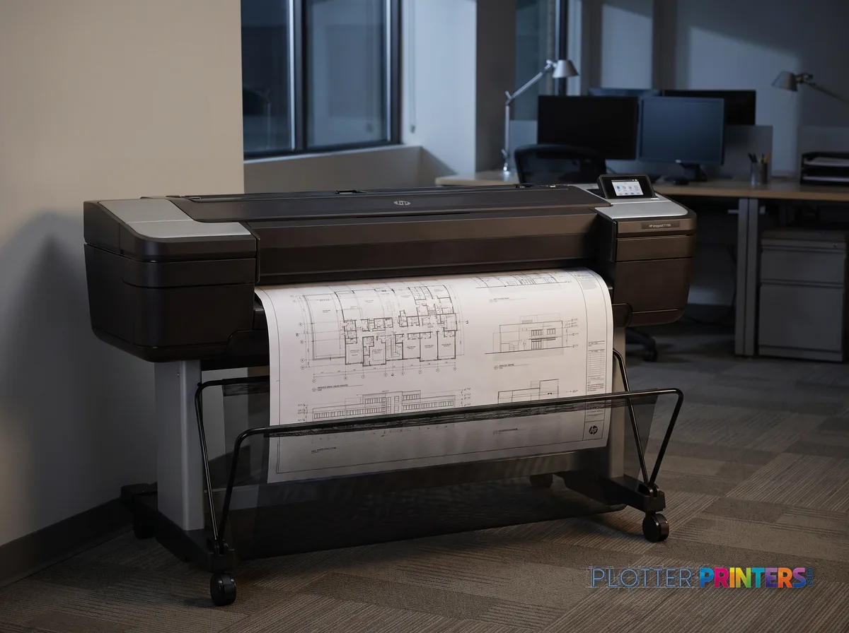 HP DesignJet T1700 44-in PostScript Printer in an engineering office with a technical drawing at its print slot (staged scene from manufacturer product photography)