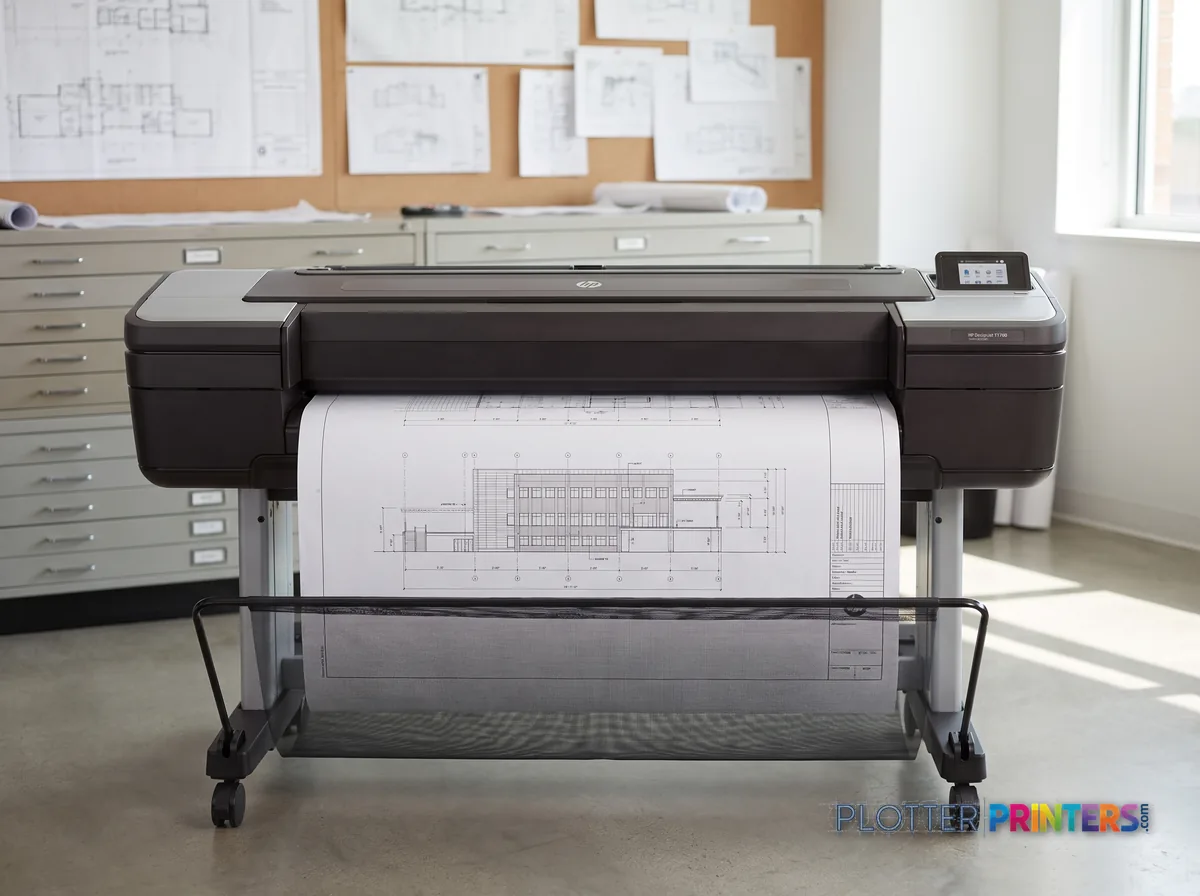 HP DesignJet T1700 44-in PostScript Printer in a plan room beside flat-file drawers, printing a CAD elevation (staged scene from manufacturer product photography)