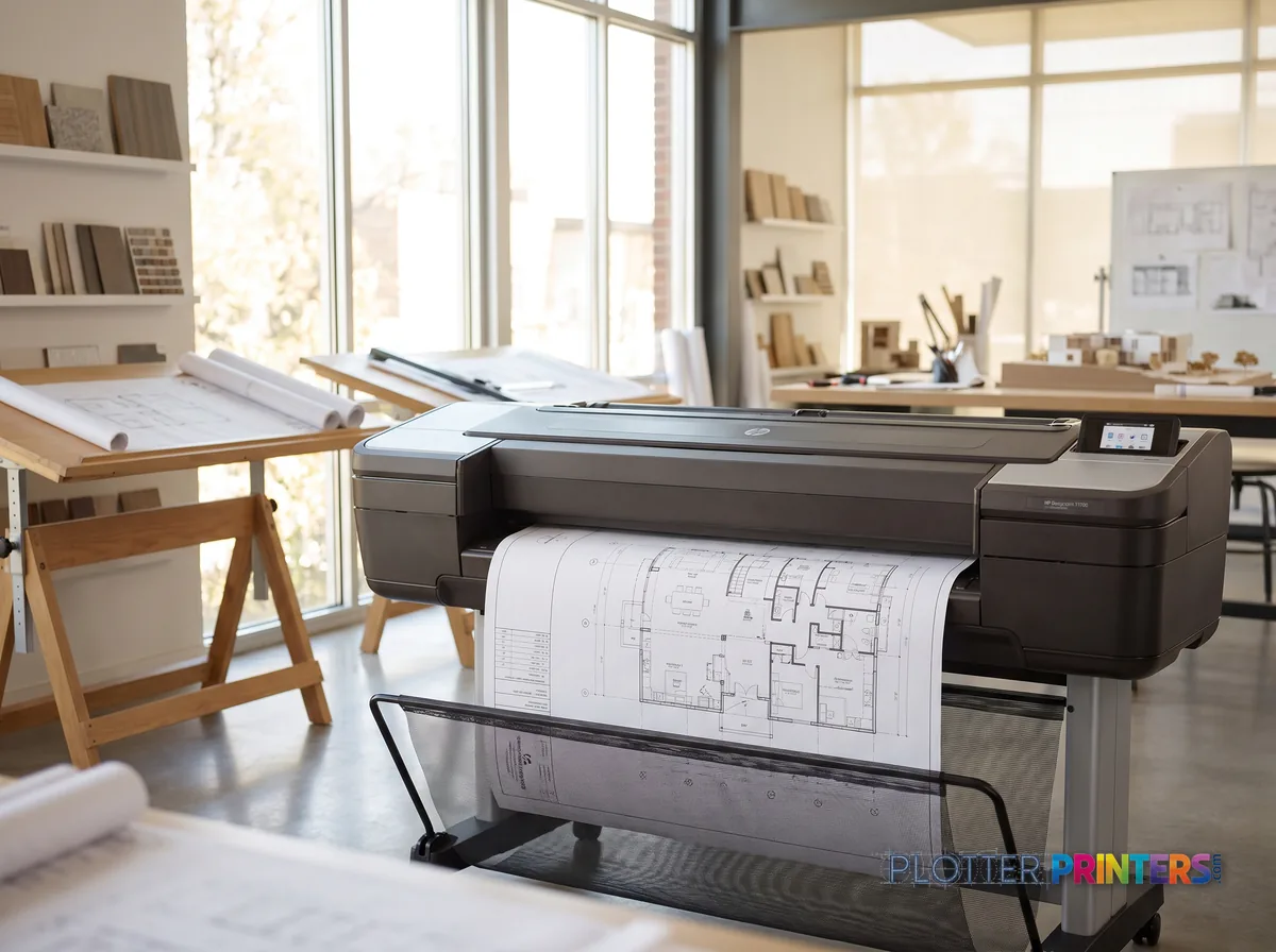 HP DesignJet T1700 44-in PostScript Printer in a bright architecture studio, printing a large floor plan (staged scene from manufacturer product photography)