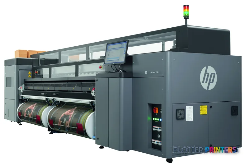 HP Latex 3500 large format printer product image showing grey printer with roll feed system and control panel