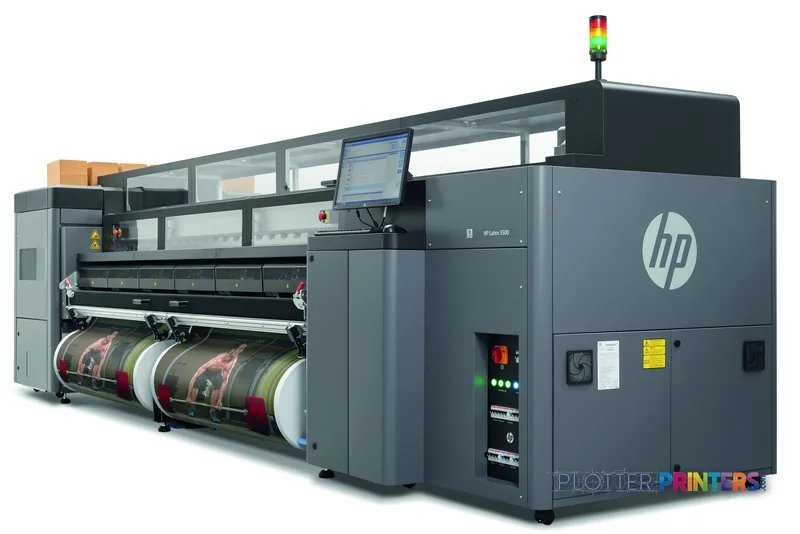 HP Latex 3500 large format printer product image showing grey printer with roll feed system and control panel