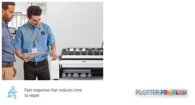 HP DesignJet T1700dr 44-in PostScript Printer with technician examining ink cartridges