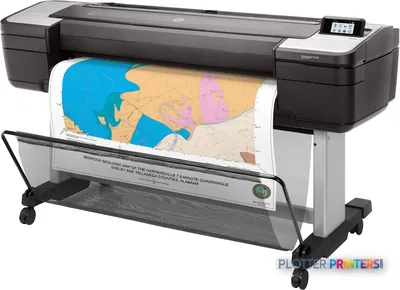 HP DesignJet T1700dr 44-in PostScript Printer product image showing black printer with colorful geological map output