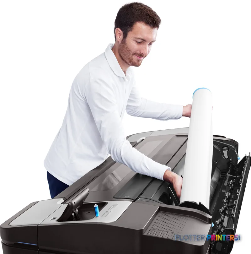 Man in white shirt loading large-format paper into HP DesignJet T1700dr 44-in PostScript Printer