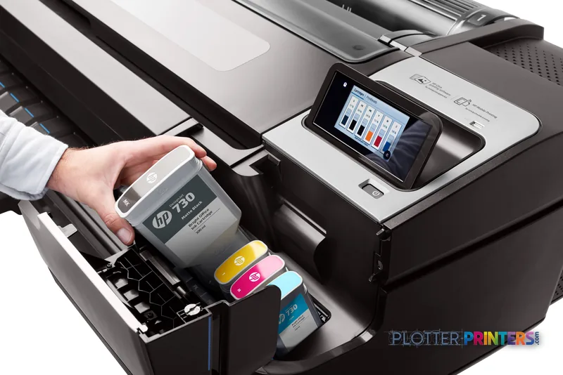 HP DesignJet T1700dr 44-in PostScript Printer lifestyle image showing ink cartridge replacement with touchscreen display vis…