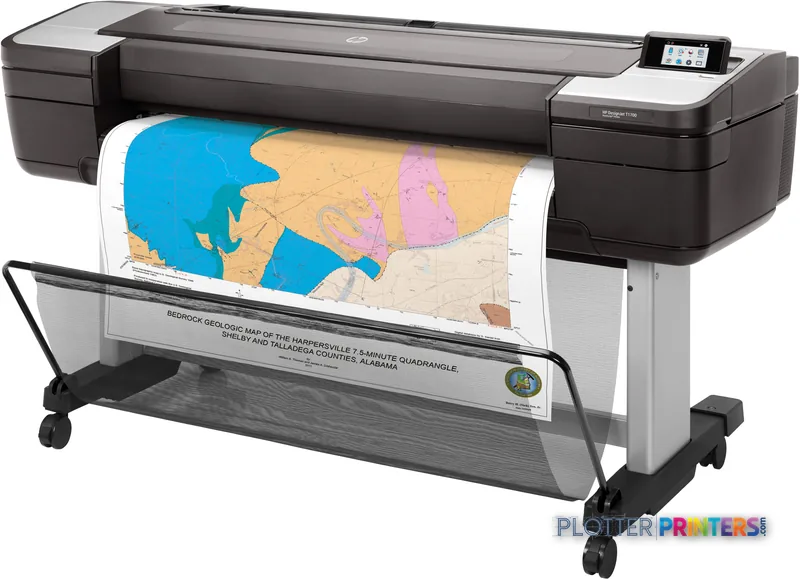 HP DesignJet T1700dr 44-in PostScript Printer product image showing black printer with colorful geological map output