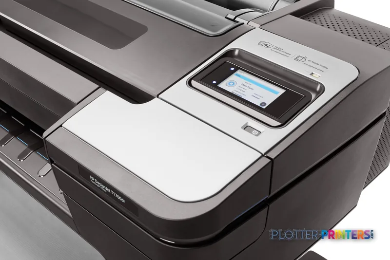 HP DesignJet T1700dr 44-in PostScript Printer product image showing the black printer with touchscreen control panel