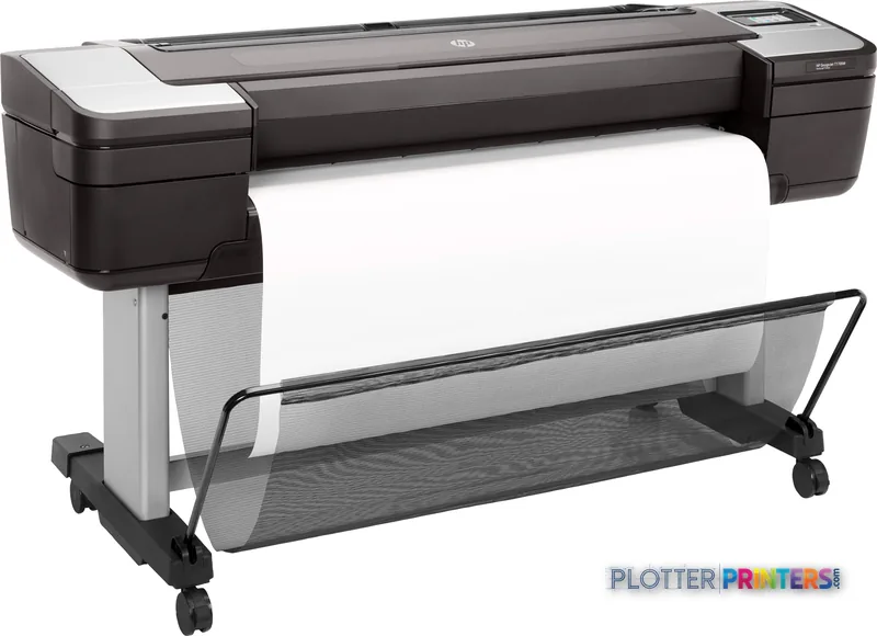 HP DesignJet T1700dr 44-in PostScript Printer product image showing black printer with white paper roll loaded