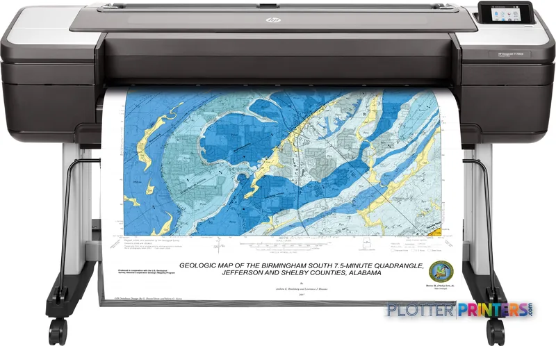 HP DesignJet T1700dr 44-in PostScript Printer product image showing front view with geological map printout