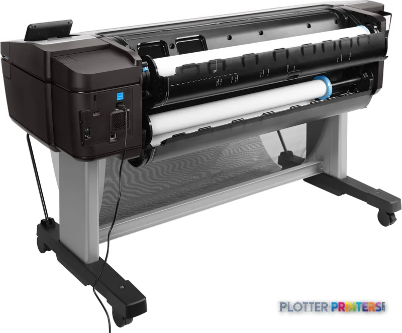 HP DesignJet T1700dr 44-in PostScript Printer product image showing black control panel and white paper roll loaded in print…