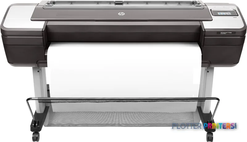 HP DesignJet T1700dr 44-in PostScript Printer product image showing front view with white paper loaded