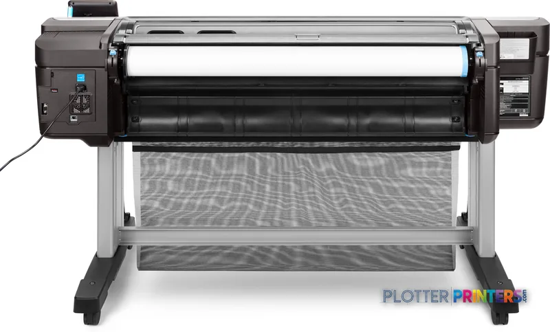 HP DesignJet T1700dr 44-in PostScript Printer product image showing front view of black large-format printer on stand