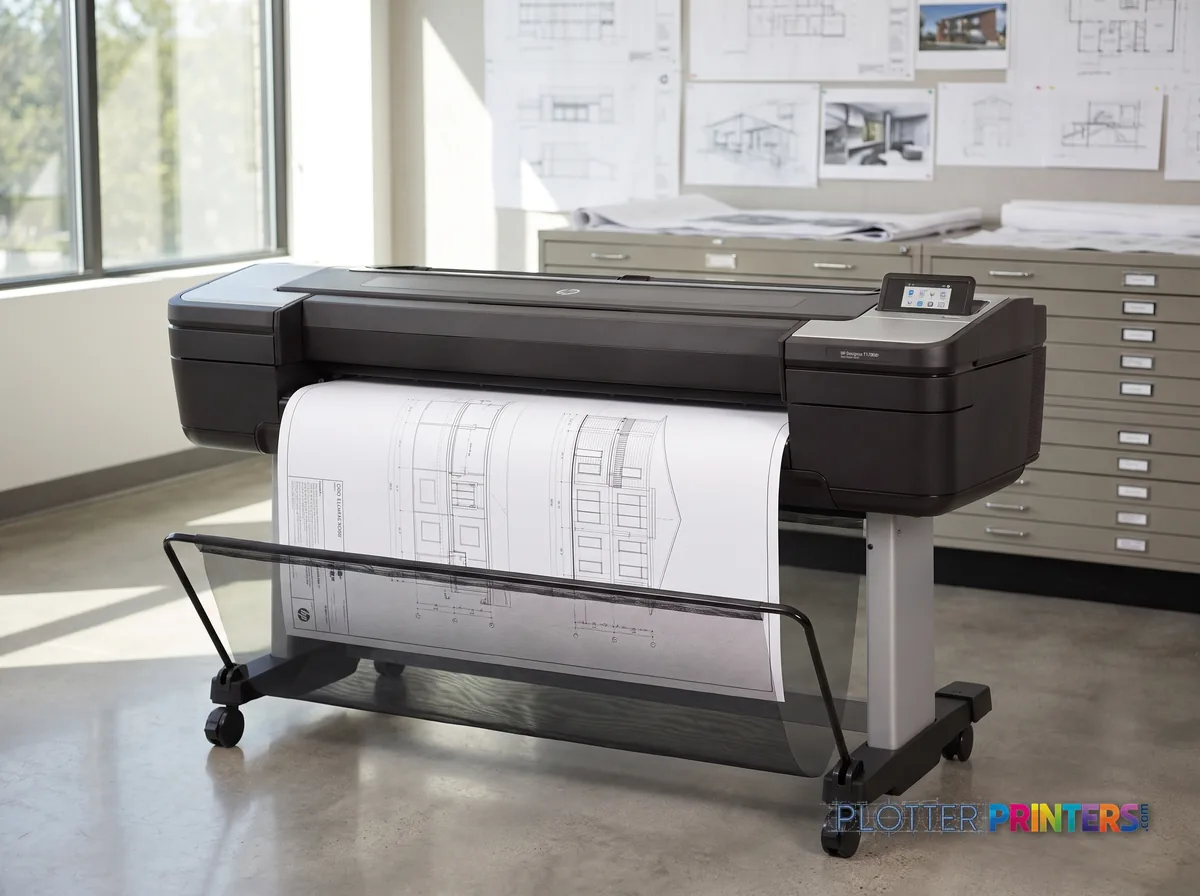 HP DesignJet T1700dr 44-in PostScript Printer in a plan room beside flat-file drawers, printing a CAD elevation (staged scene from manufacturer product photography)