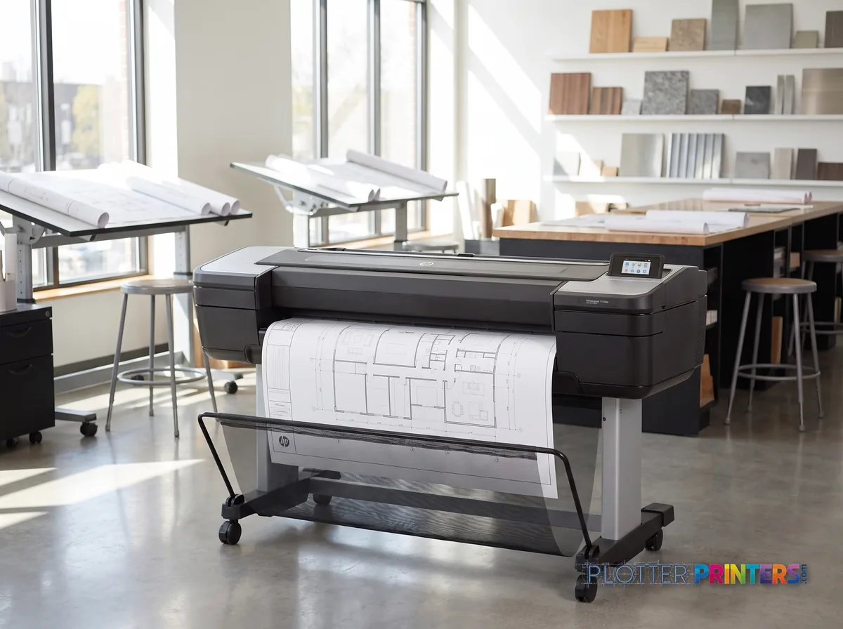 HP DesignJet T1700dr 44-in PostScript Printer in a bright architecture studio, printing a large floor plan (staged scene from manufacturer product photography)