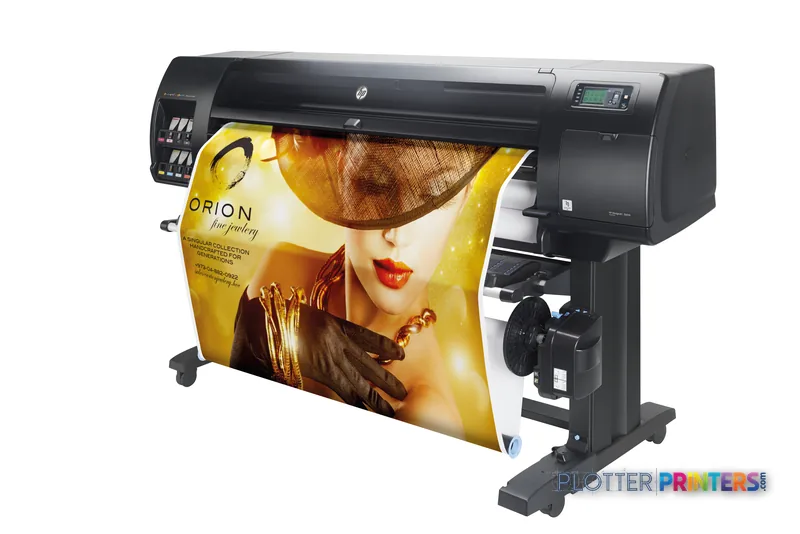 HP DesignJet Z6810 42-in Production Printer printing a gold-toned fashion banner with a woman's portrait