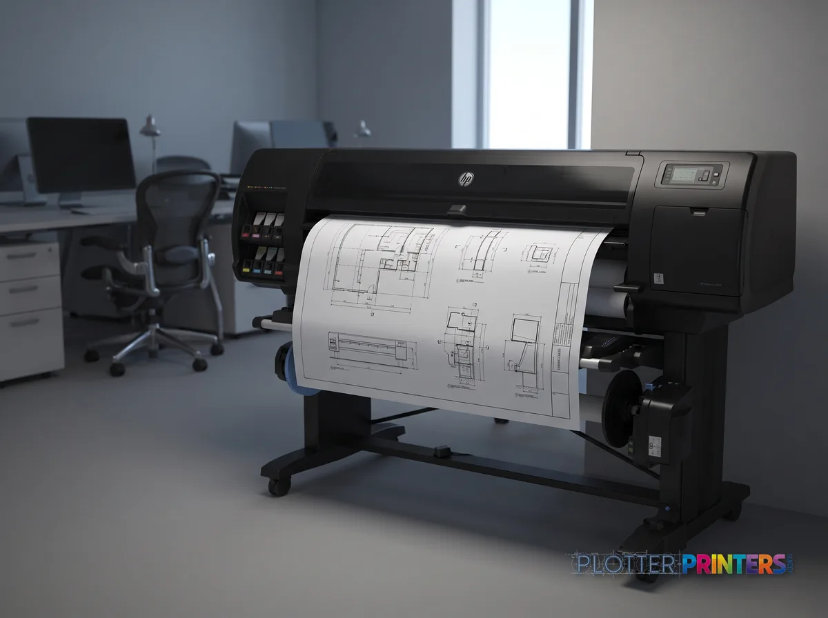 HP DesignJet Z6810 42-in Production Printer in an engineering office with a technical drawing at its print slot (staged scene from manufacturer product photography)