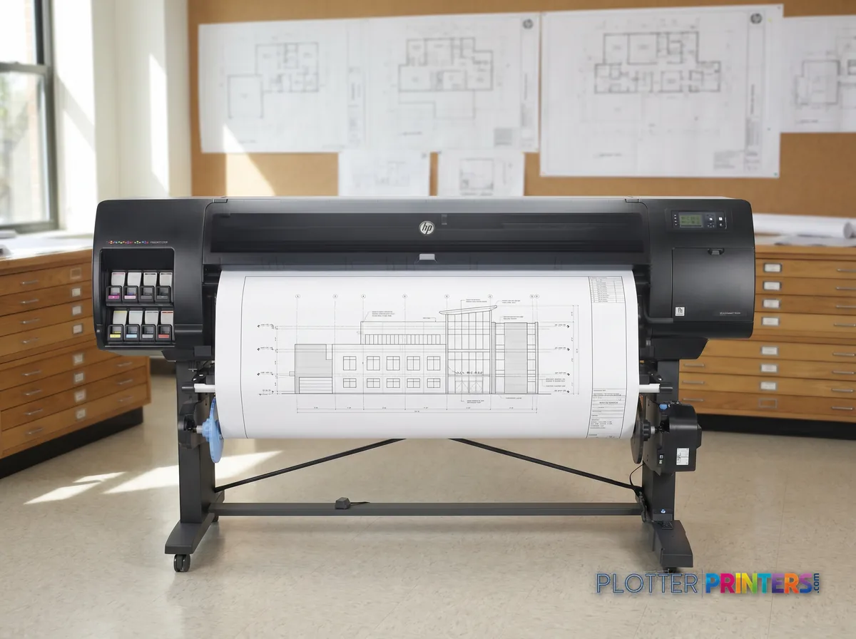 HP DesignJet Z6810 42-in Production Printer in a plan room beside flat-file drawers, printing a CAD elevation (staged scene from manufacturer product photography)