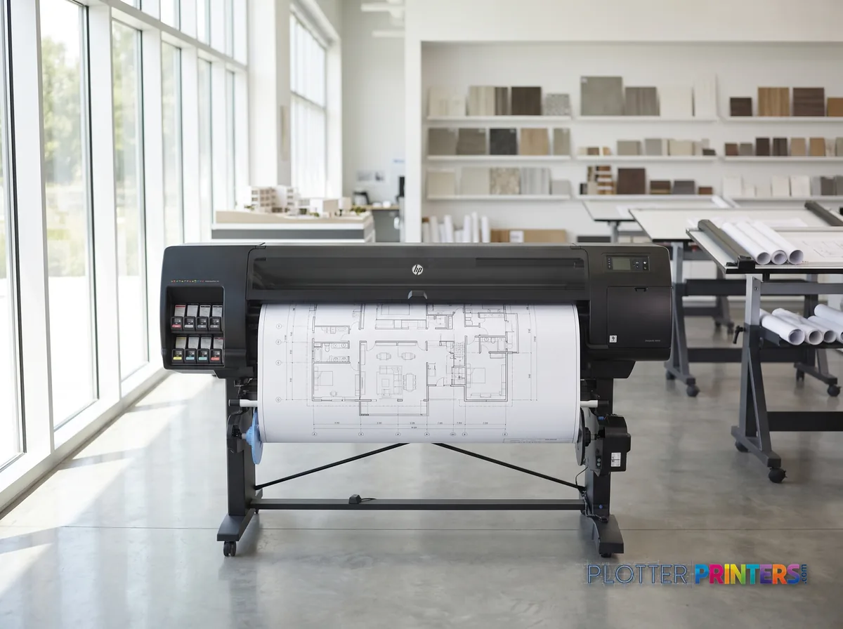 HP DesignJet Z6810 42-in Production Printer in a bright architecture studio, printing a large floor plan (staged scene from manufacturer product photography)
