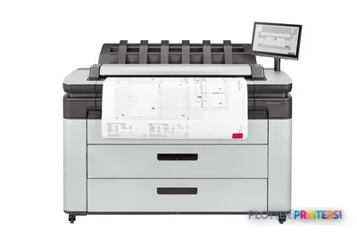 HP DesignJet XL 3600dr 36-in Multifunction Printer front view with architectural drawing output and touchscreen display