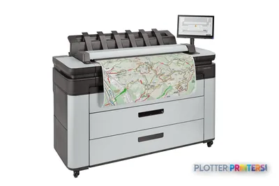 HP DesignJet XL 3600dr 36-in Multifunction Printer front-right view showing black and white machine with map printout and to…