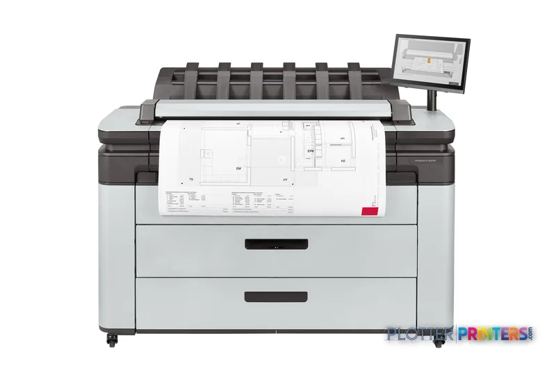 HP DesignJet XL 3600dr 36-in Multifunction Printer front view with architectural drawing output and touchscreen display