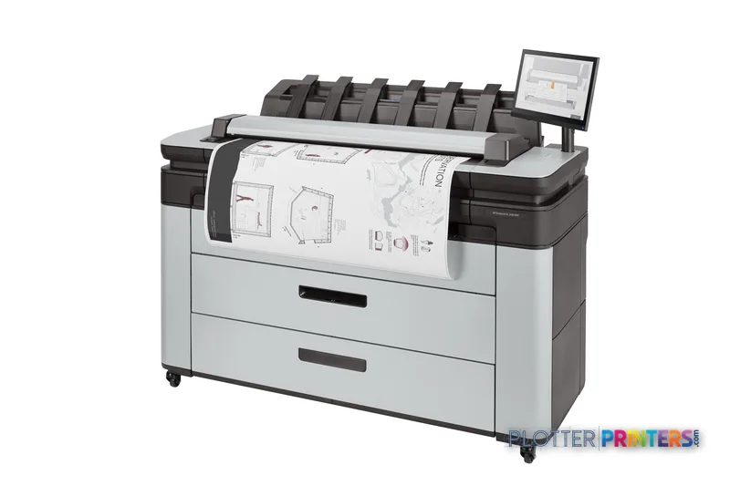 HP DesignJet XL 3600dr 36-in Multifunction Printer front-left view with white and black body, paper output, and attached mon…
