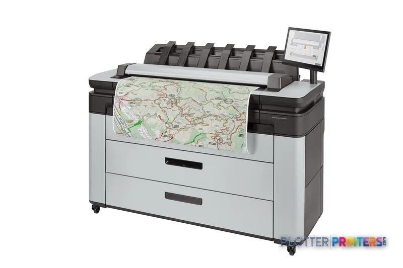 HP DesignJet XL 3600dr 36-in Multifunction Printer front-left view with map output and integrated touchscreen