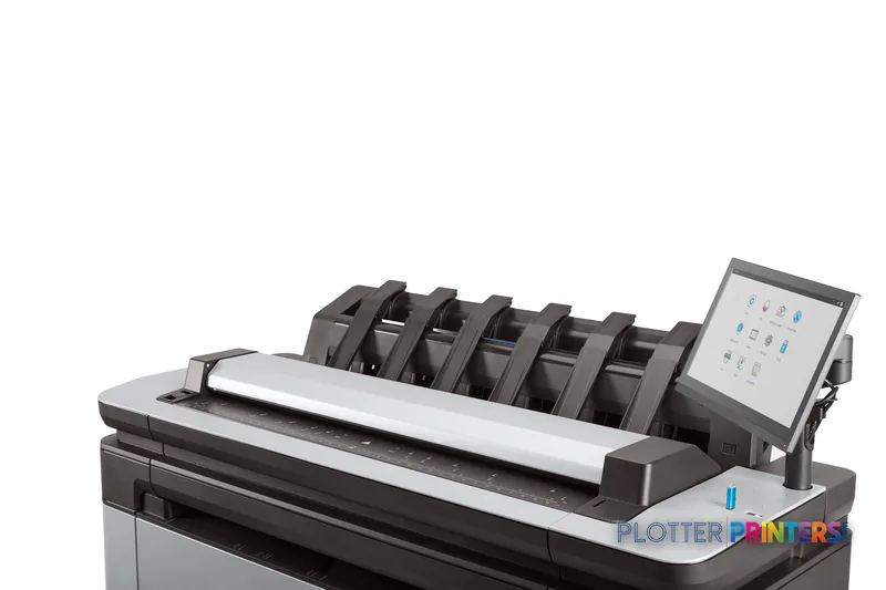 HP DesignJet XL 3600dr 36-in Multifunction Printer detail view showing paper output tray and touchscreen control panel