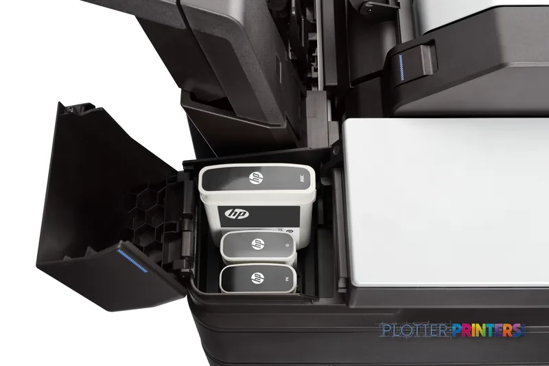 HP DesignJet XL 3600dr 36-in printer ink cartridge bay detail showing stacked cartridges and open access panel