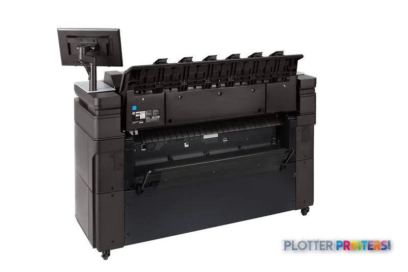 Rear view of HP DesignJet XL 3600dr 36-in multifunction printer showing ink cartridge slots and output tray