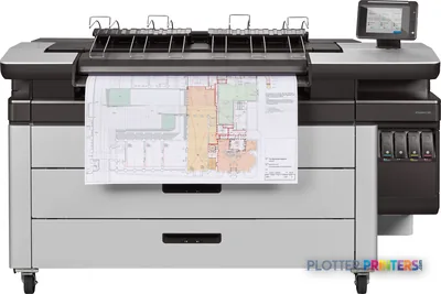 HP PageWide XL 3900 large format printer front view with architectural floor plan printed output