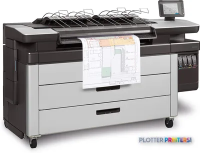 HP PageWide XL 3900 large format printer product image showing black and grey inkjet printer with architectural drawing outp…