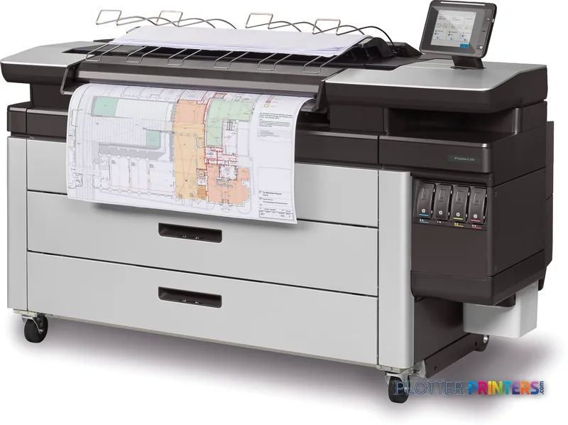 HP PageWide XL 3900 large format printer product image showing black and grey inkjet printer with architectural plans printi…