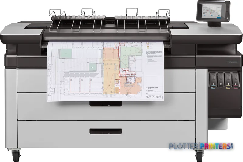 HP PageWide XL 3900 large format printer front view with architectural floor plan printed output